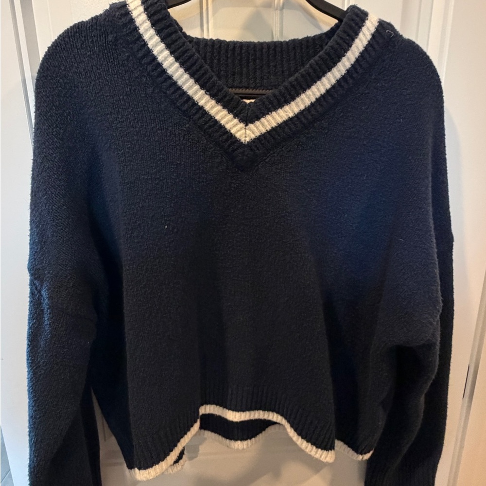 Abercrombie & Fitch Dark Blue V-Neck Sweater with White Accents